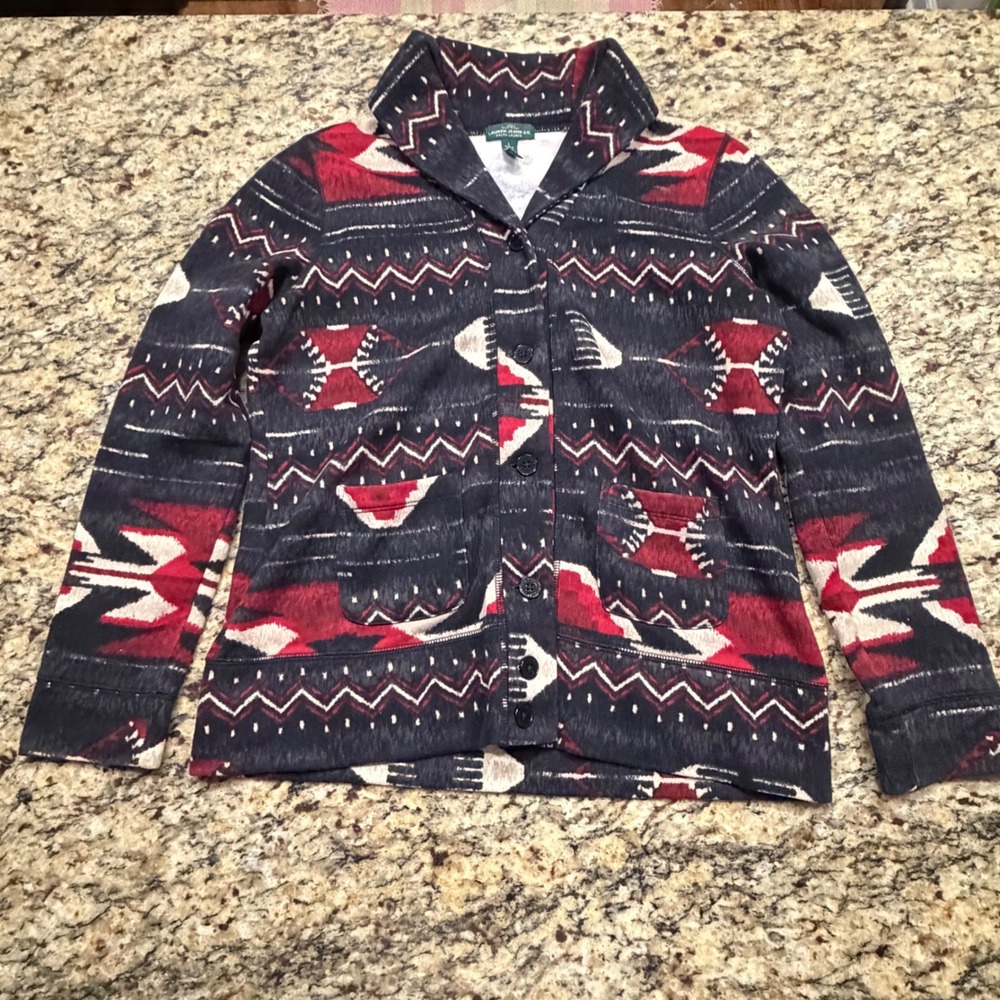 Lauren Ralph Lauren western Geometric Shawl Collar Cardigan Sweater Red L ws